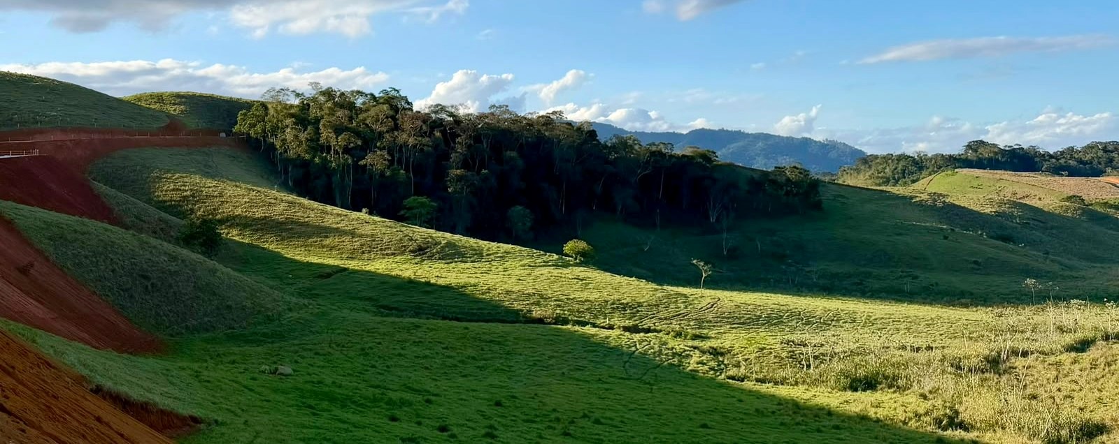 Vista da Reserva Fazendas do Café: pastagem, mata nativa e a estrada de acesso em terra vermelha entre as colinas